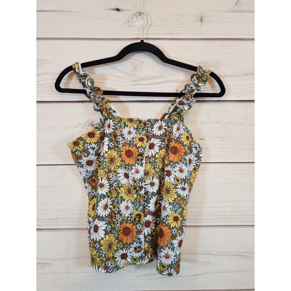 No Boundaries Womens Multicolor Floral Crop Tank Top Button Front Detail‎ Size L